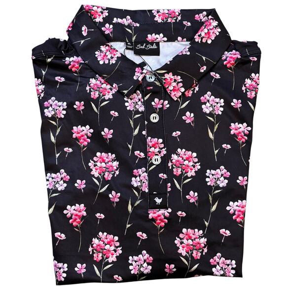 Bad Birdie Men's XL Black Polo Arcadia Pink Floral Short Sleeve Stretch Golf - Picture 4 of 6